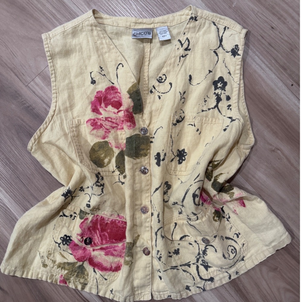 CHICOS Linen Floral Print Sleeveless Vest Top Women boho chic‎ y2k Size 3 v2